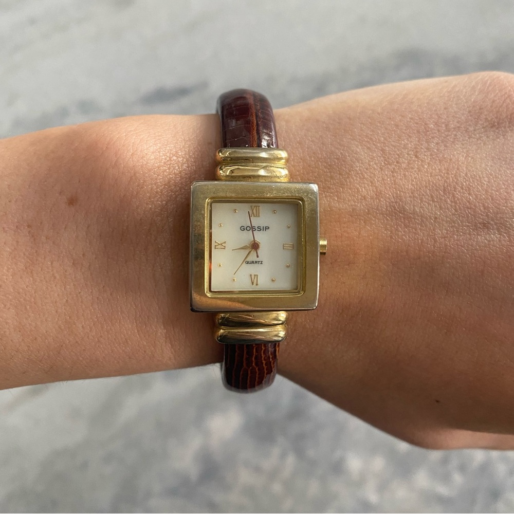 Vintage Gossip Gold and Brown Square Women's Open Cuff Watch